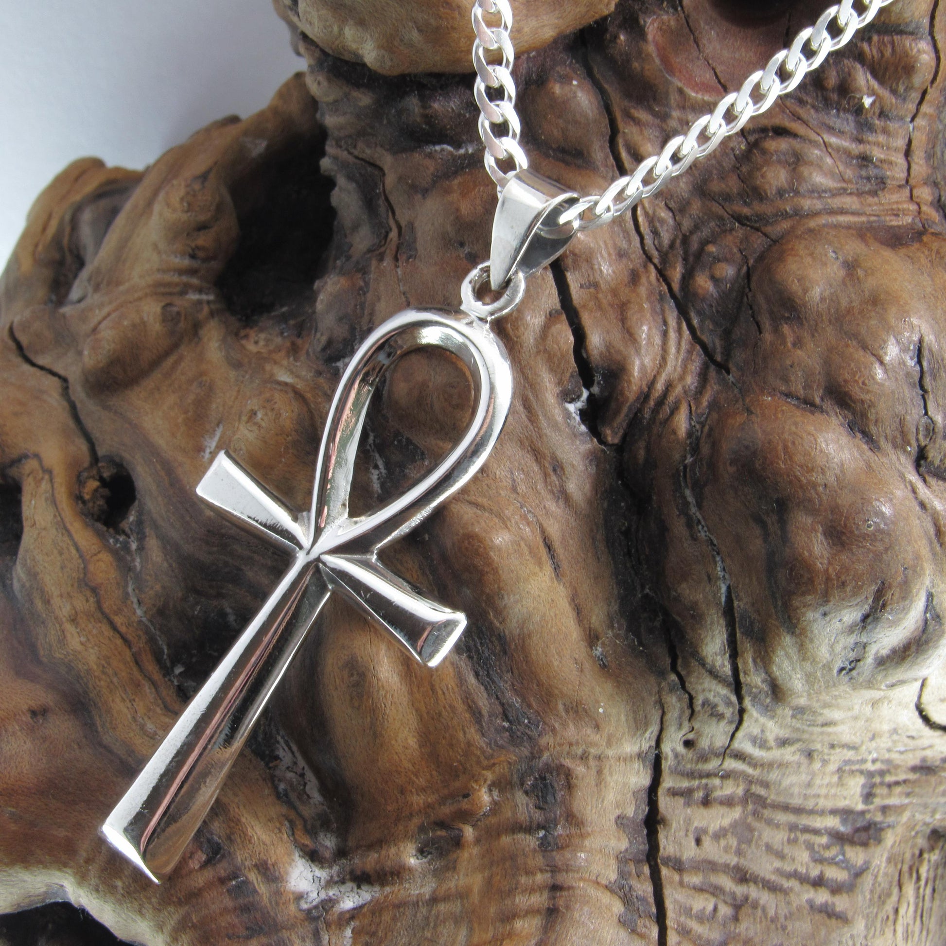 Egyptian Ankh Necklace for Men - Solid 925 Sterling Silver Cross Pendant - Mens Religious Jewelry - Men's Black Nylon Cord or Curb Chain
