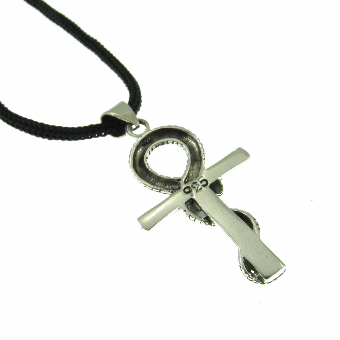 Egyptian Ankh & Snake Necklace for Men - Solid 925 Sterling Silver Cross Pendant - Mens Jewelry - Men's Black Nylon Cord or Curb Chain