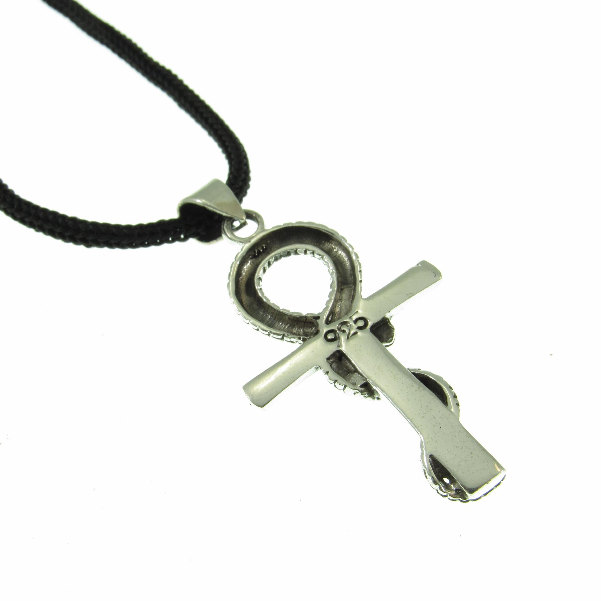 Egyptian Ankh & Snake Necklace for Men - Solid 925 Sterling Silver Cross Pendant - Mens Jewelry - Men's Black Nylon Cord or Curb Chain