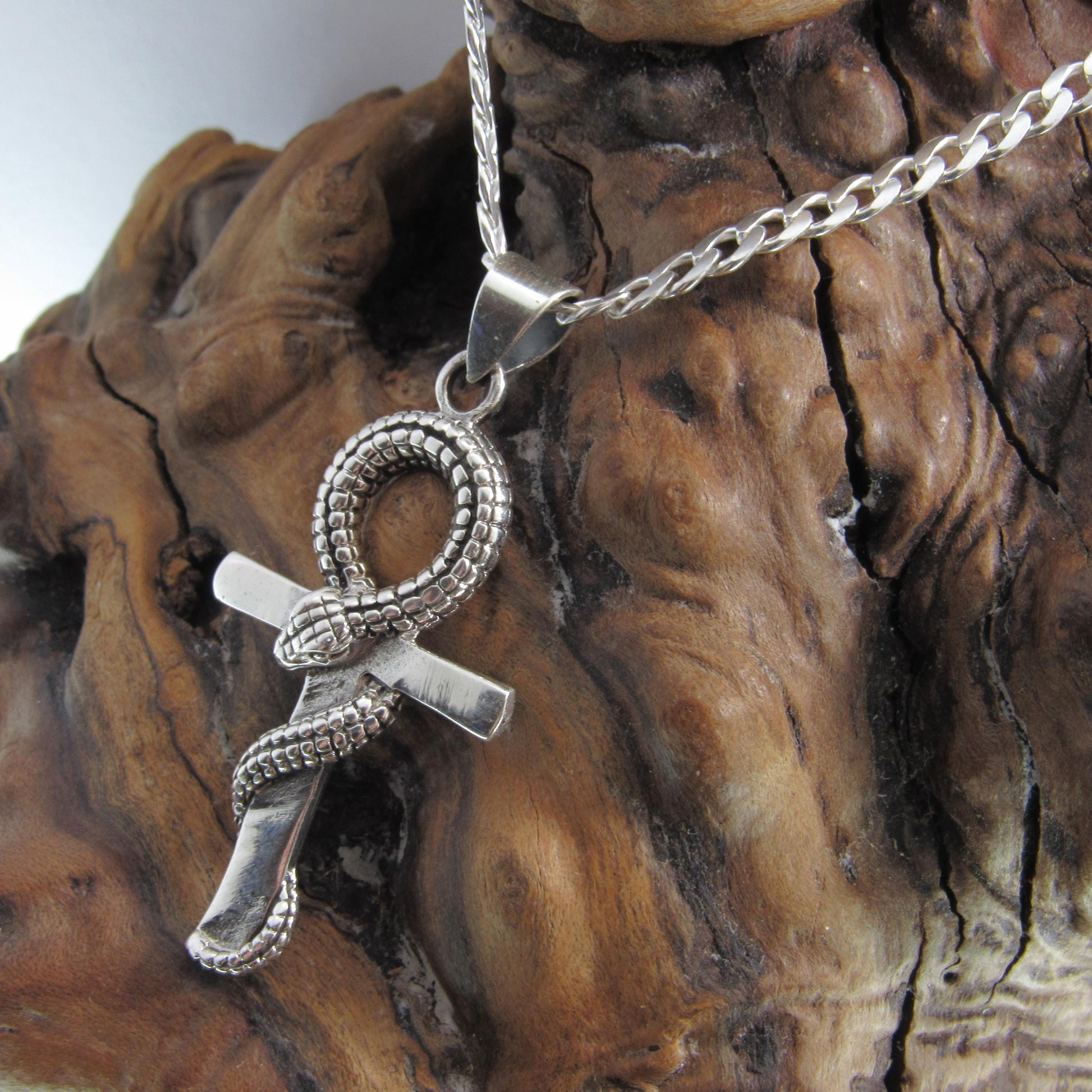 Egyptian Ankh & Snake Necklace for Men - Solid 925 Sterling Silver Cross Pendant - Mens Jewelry - Men's Black Nylon Cord or Curb Chain
