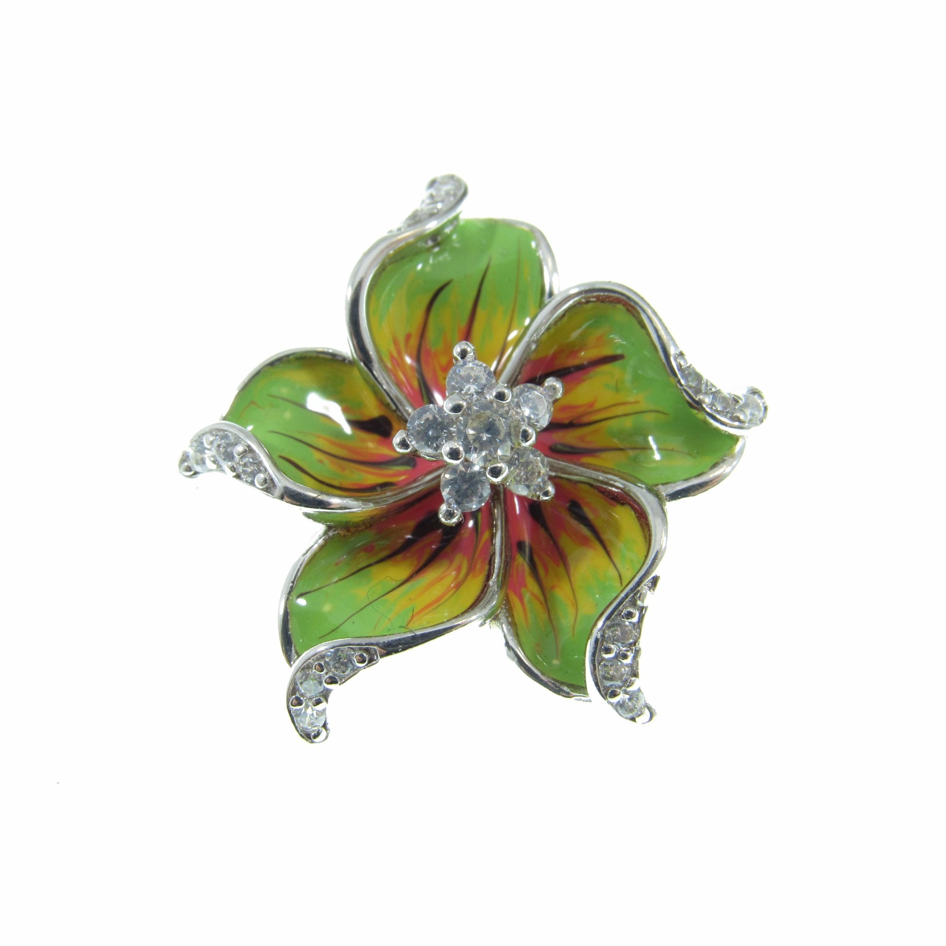 Solid 925 Sterling Silver & Enamel Hibiscus Flower Slide Pendant, Colorful Green Yellow and Red Charm, Handcrafted Floral Jewelry with CZs
