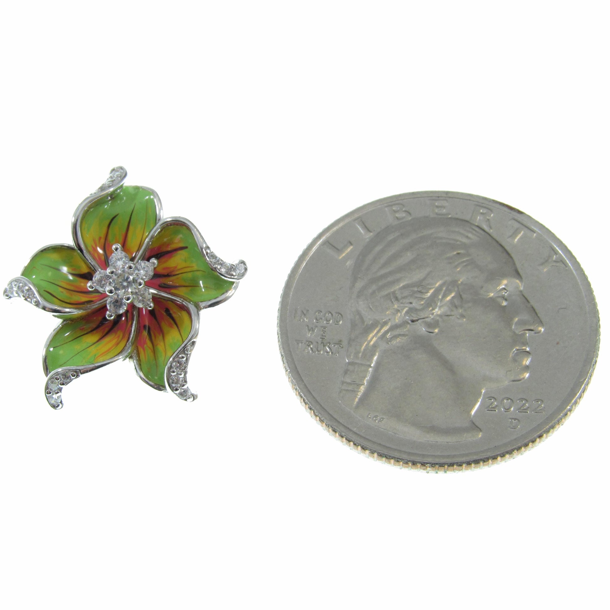 Solid 925 Sterling Silver & Enamel Hibiscus Flower Slide Pendant, Colorful Green Yellow and Red Charm, Handcrafted Floral Jewelry with CZs