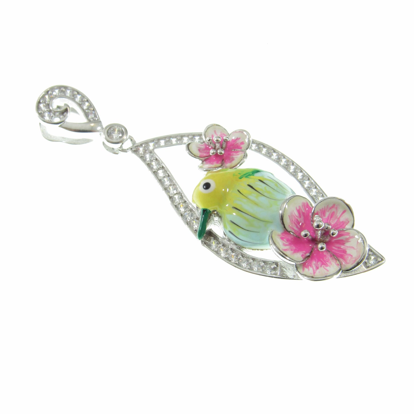 Solid 925 Sterling Silver & Enamel Bird and Flower Pendant, Handcrafted Charm, Ornate Art Deco Pink Flowers, Nature Jewelry for Her