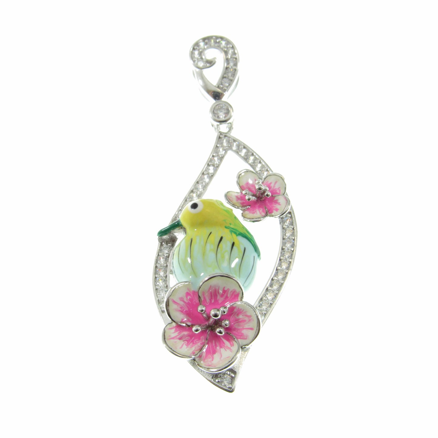 Solid 925 Sterling Silver & Enamel Bird and Flower Pendant, Handcrafted Charm, Ornate Art Deco Pink Flowers, Nature Jewelry for Her