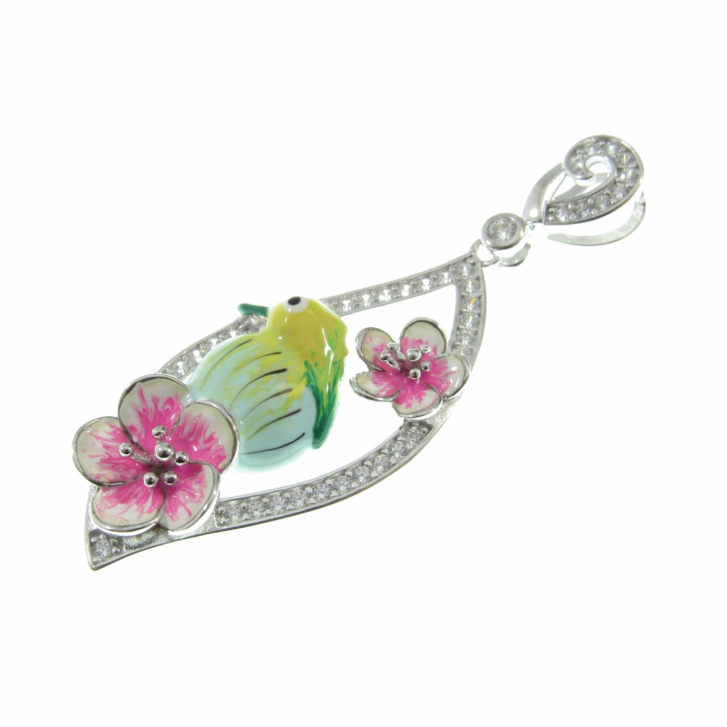 Solid 925 Sterling Silver & Enamel Bird and Flower Pendant, Handcrafted Charm, Ornate Art Deco Pink Flowers, Nature Jewelry for Her