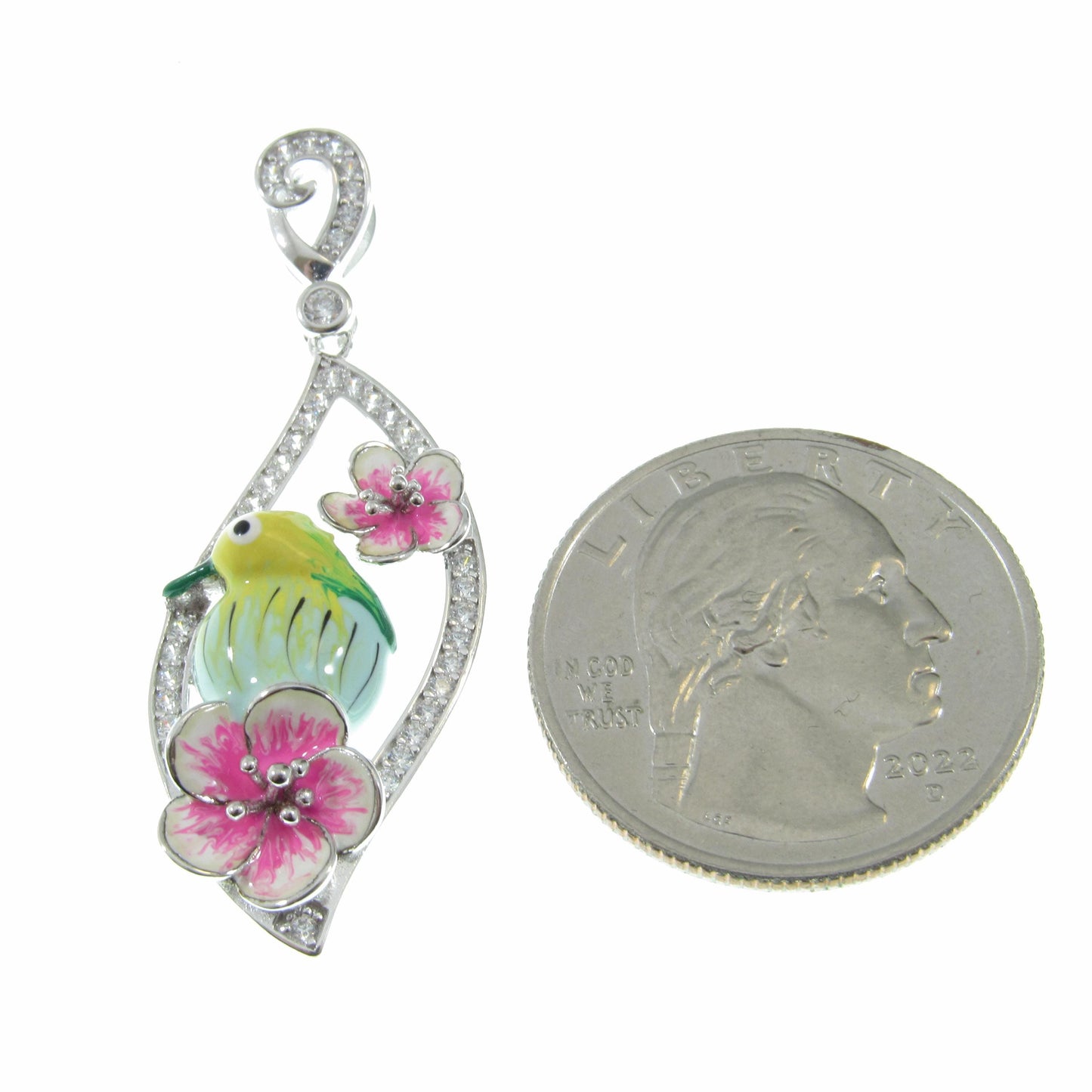 Solid 925 Sterling Silver & Enamel Bird and Flower Pendant, Handcrafted Charm, Ornate Art Deco Pink Flowers, Nature Jewelry for Her