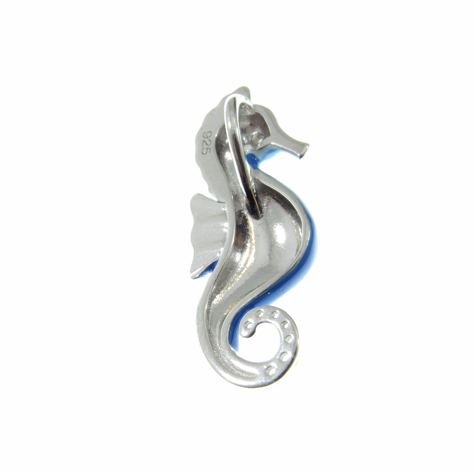 Solid 925 Sterling Silver & Enamel Seahorse Slide Pendant, Blue and White Sea Horse, Handcrafted Sea Lion Charm, Ornate Art Deco Jewelry