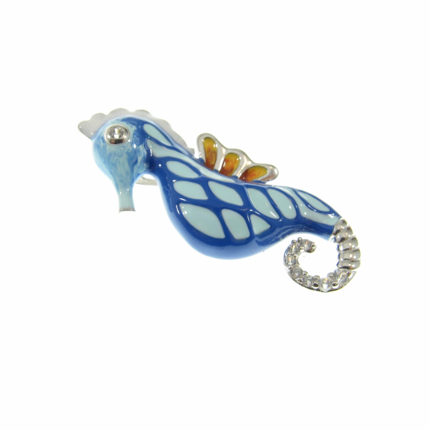 Solid 925 Sterling Silver & Enamel Seahorse Slide Pendant, Blue and White Sea Horse, Handcrafted Sea Lion Charm, Ornate Art Deco Jewelry