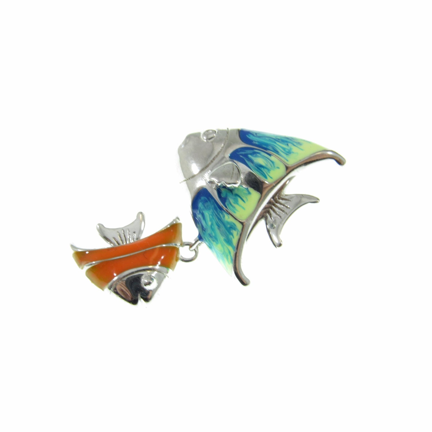 Solid 925 Sterling Silver & Enamel Fish Pendant, Blue and Orange Fishes Slide Charm, Handcrafted Women's Ornate Art Deco Jewelry for Her