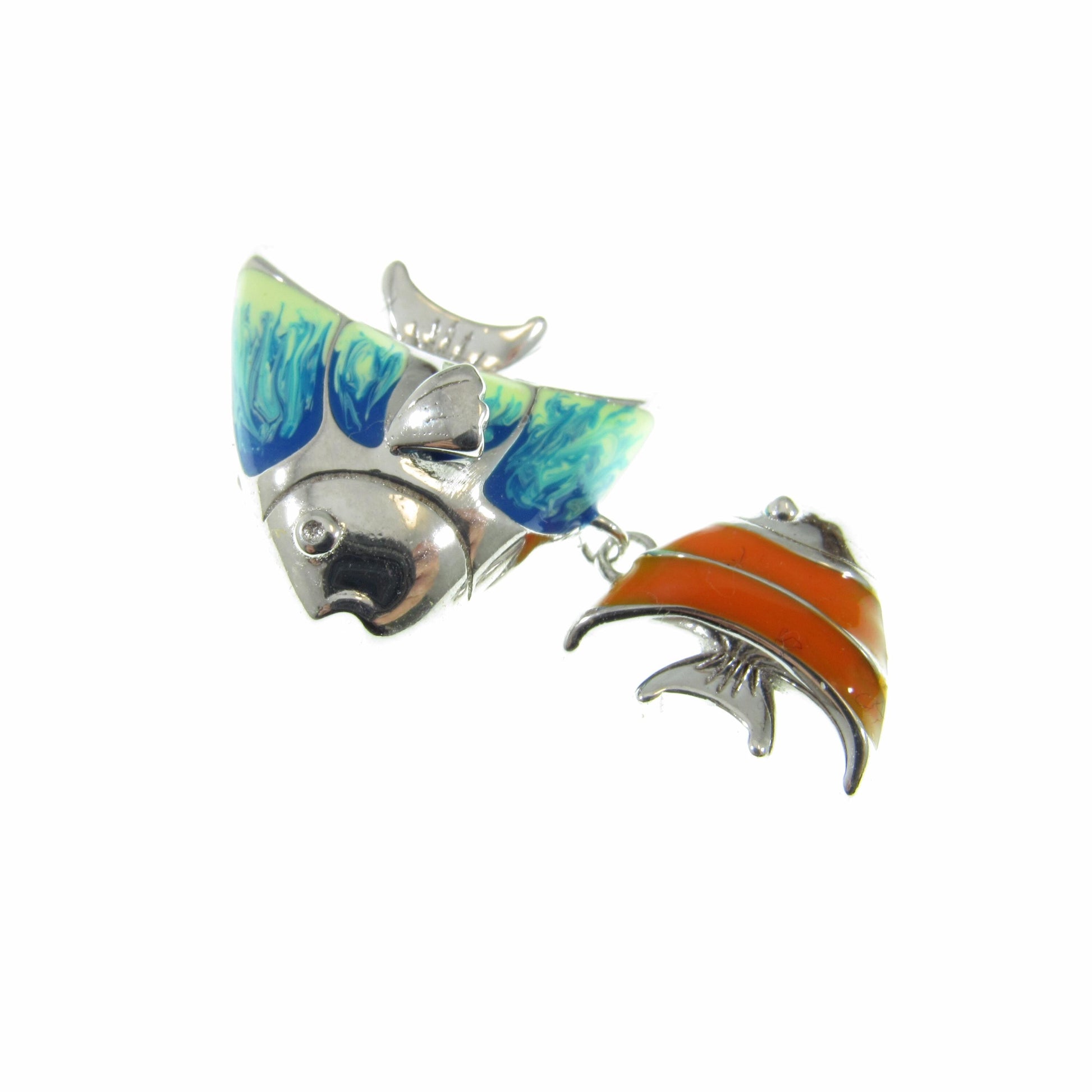 Solid 925 Sterling Silver & Enamel Fish Pendant, Blue and Orange Fishes Slide Charm, Handcrafted Women's Ornate Art Deco Jewelry for Her