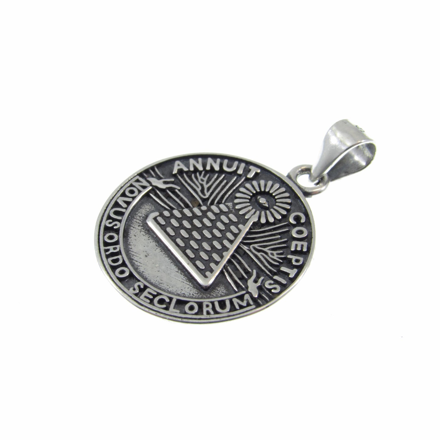 Solid 925 Sterling Silver Novus Ordo Seclorum Pendant, Annuit Coeptis Charm, Great Seal of the United States Jewelry, 1776 Declaration