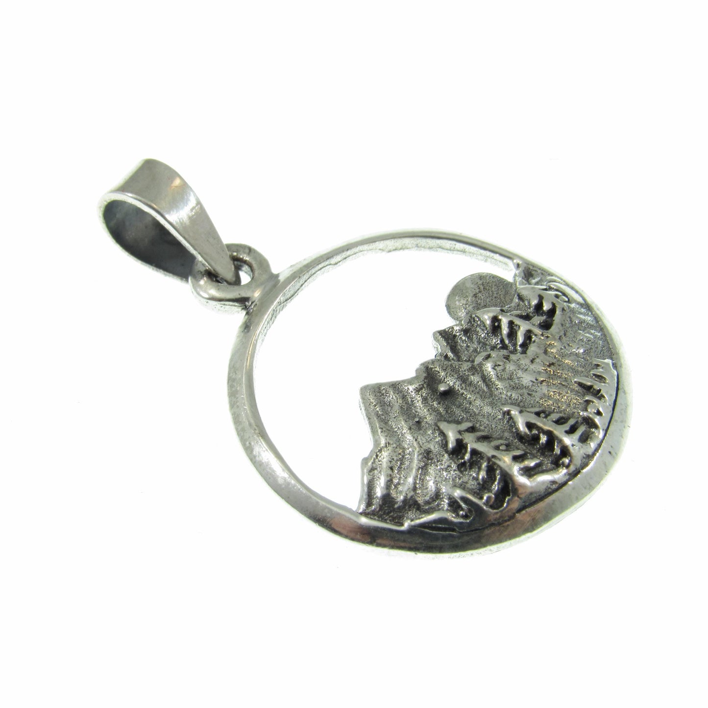 Solid 925 Sterling Silver Mountain and Forest Pendant, Handcrafted Nature Scene Jewelry, Mountains and Trees Charm, Sunrise Landscape Medal