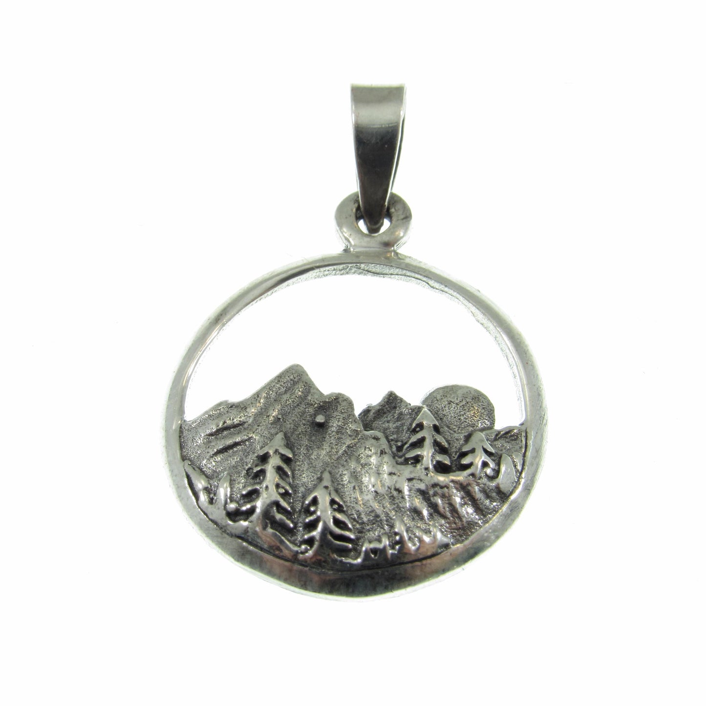 Solid 925 Sterling Silver Mountain and Forest Pendant, Handcrafted Nature Scene Jewelry, Mountains and Trees Charm, Sunrise Landscape Medal