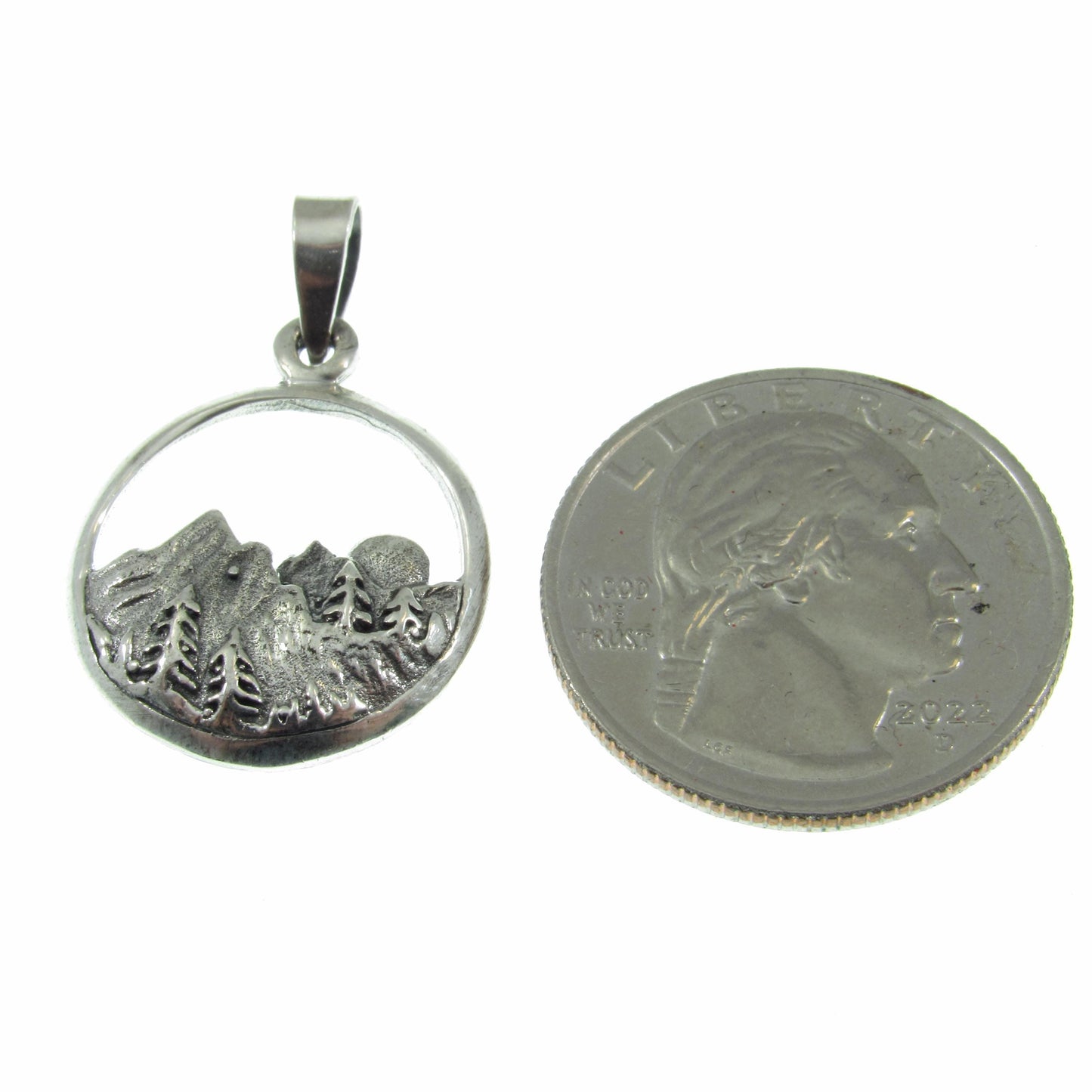 Solid 925 Sterling Silver Mountain and Forest Pendant, Handcrafted Nature Scene Jewelry, Mountains and Trees Charm, Sunrise Landscape Medal