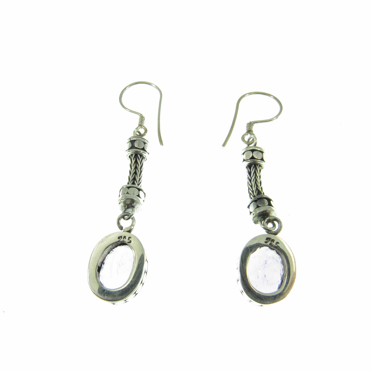 Solid 925 Sterling Silver Tribal Balinese Earrings, Handcrafted Foxtail Faceted Oval Amethyst Drop Dangle Hook Earrings, Made in Bali