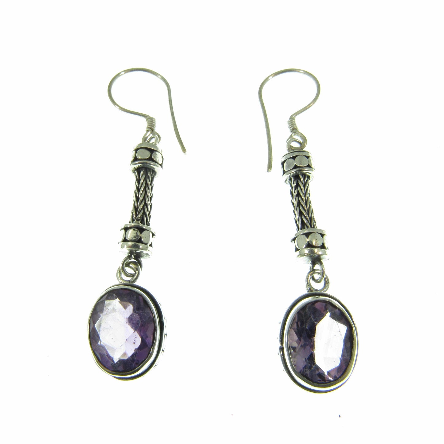 Solid 925 Sterling Silver Tribal Balinese Earrings, Handcrafted Foxtail Faceted Oval Amethyst Drop Dangle Hook Earrings, Made in Bali
