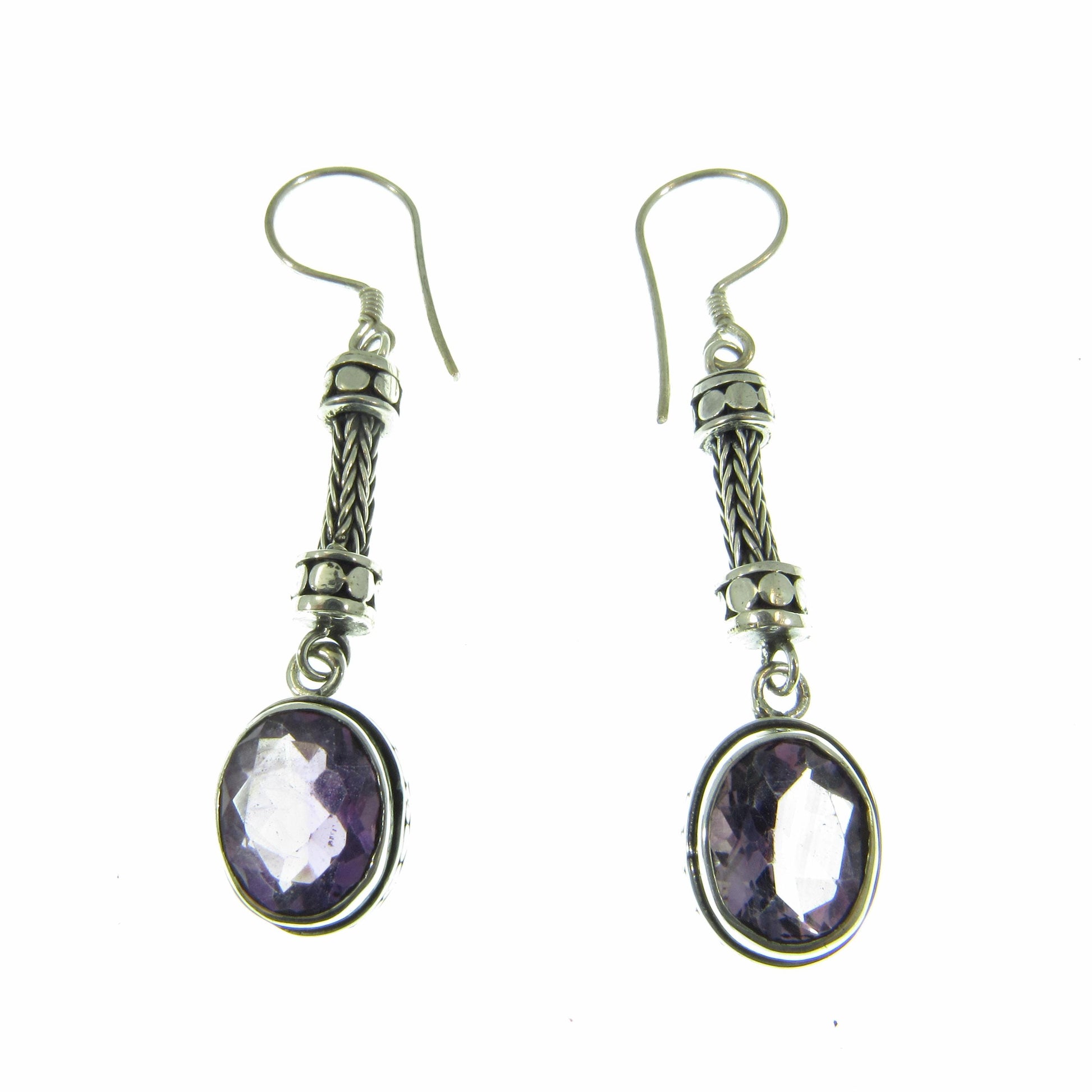 Solid 925 Sterling Silver Tribal Balinese Earrings, Handcrafted Foxtail Faceted Oval Amethyst Drop Dangle Hook Earrings, Made in Bali