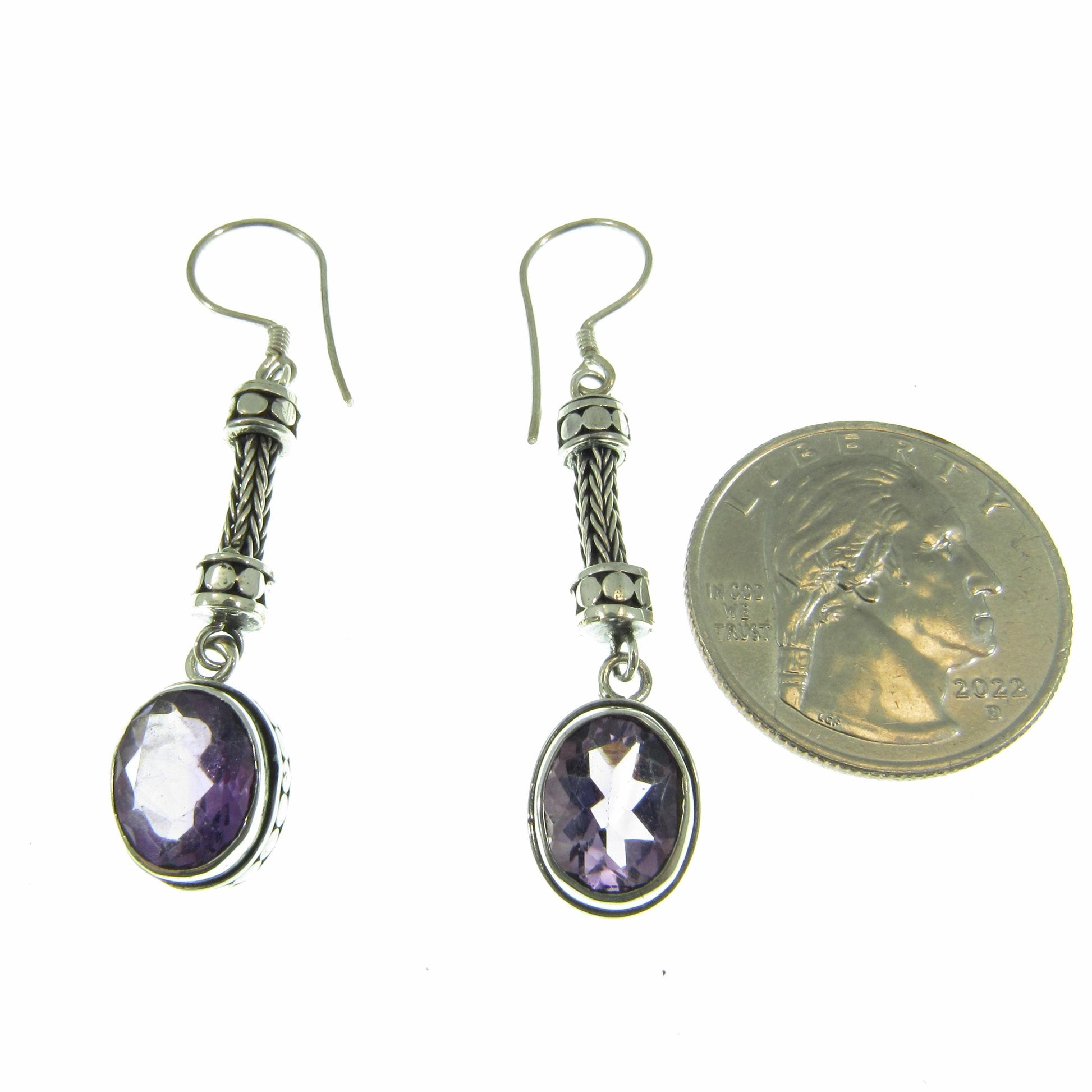 Solid 925 Sterling Silver Tribal Balinese Earrings, Handcrafted Foxtail Faceted Oval Amethyst Drop Dangle Hook Earrings, Made in Bali