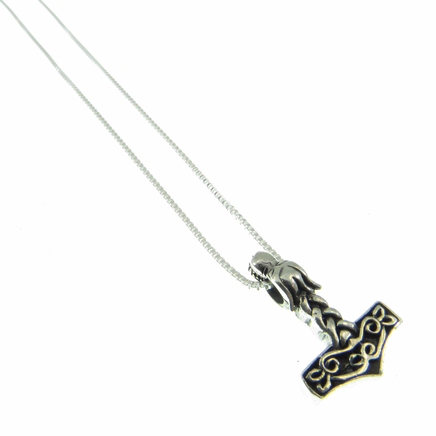 Solid 925 Sterling Silver Viking Thor's Hammer Necklace, Fenrir Wolf Slide Pendant, Celtic Jewelry with Solid Silver 1.1mm Box Chain, Unisex