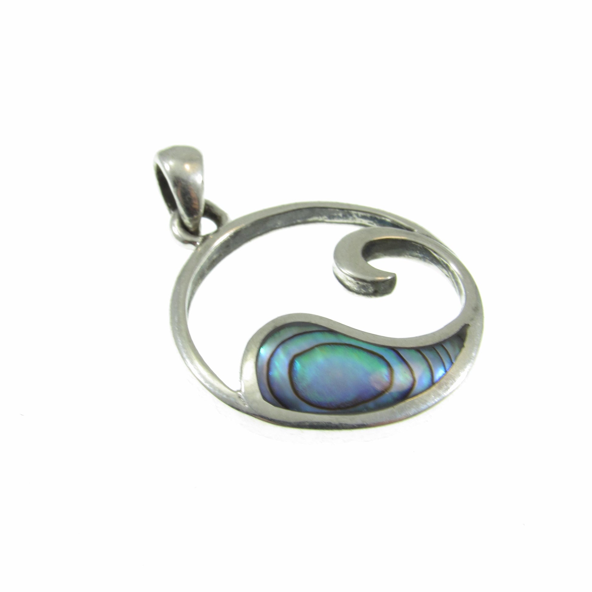 Solid 925 Sterling Silver Wave Pendant with Abalone Shell – Handcrafted Ocean Jewelry, Surfer Necklace Charm – Minimalist Nautical Charm