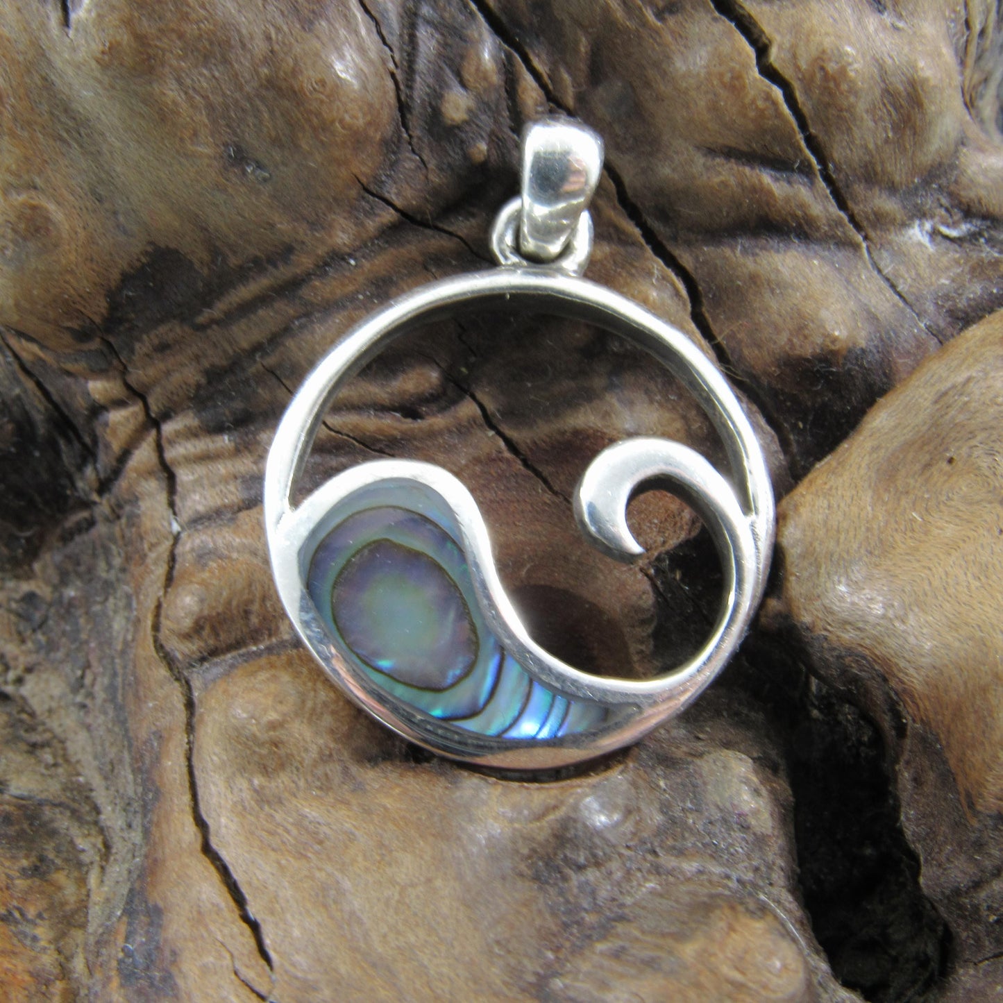 Solid 925 Sterling Silver Wave Pendant with Abalone Shell – Handcrafted Ocean Jewelry, Surfer Necklace Charm – Minimalist Nautical Charm