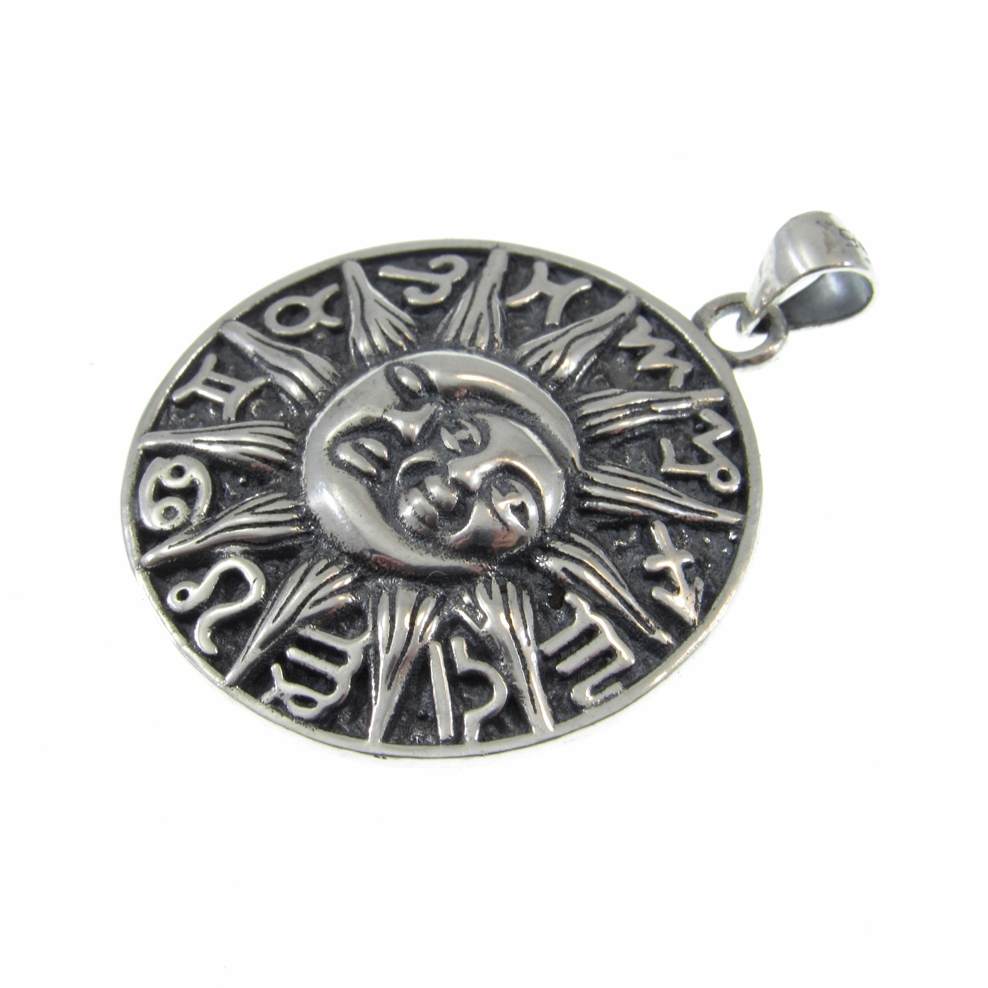 Solid 925 Sterling Silver Sun and Moon Faces Pendant - Zodiac Wheel - Astrology Necklace Amulet, Celestial Jewelry, Gift for Astrologers