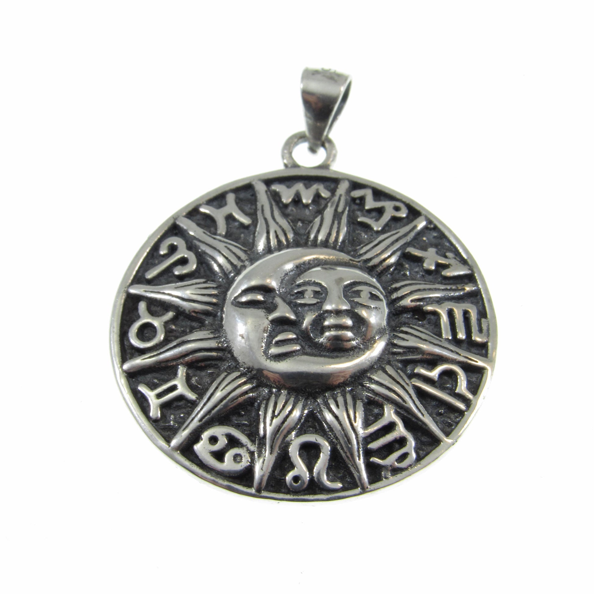 Solid 925 Sterling Silver Sun and Moon Faces Pendant - Zodiac Wheel - Astrology Necklace Amulet, Celestial Jewelry, Gift for Astrologers