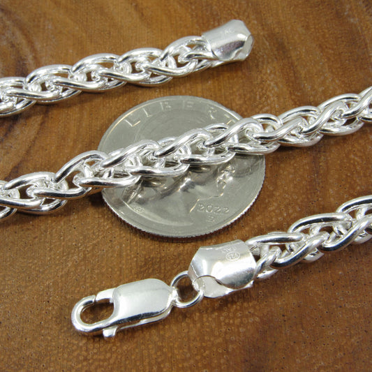 6MM Solid 925 Sterling Silver Wheat Chain for Men, Italian Spiga Necklace, Men's Bracelet or Necklace Chain, Made in Italy, Wheat 150 Gauge