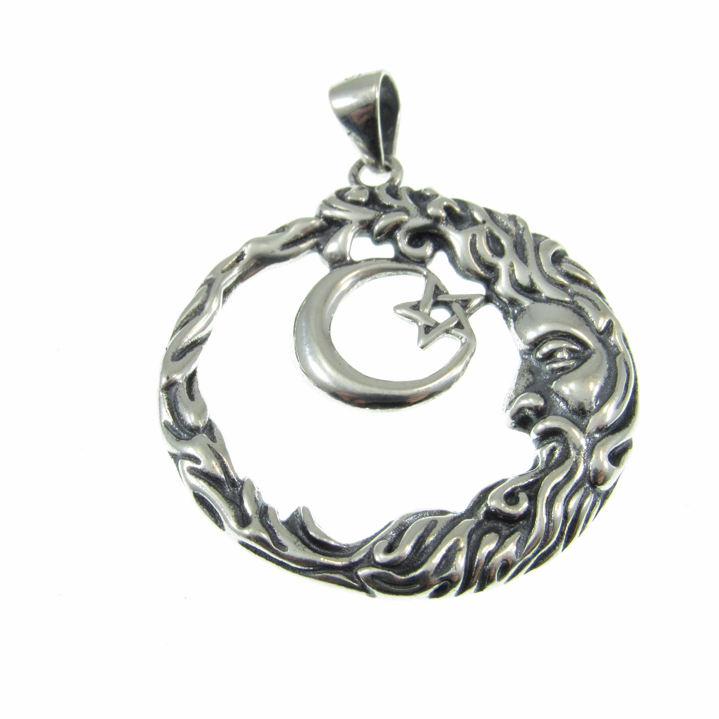 Solid 925 Sterling Silver Wiccan Crescent Moon Face and Star Pendant, Cosmic Celestial Amulet, Pagan Moon Jewelry, Witchy Witch Gift Idea