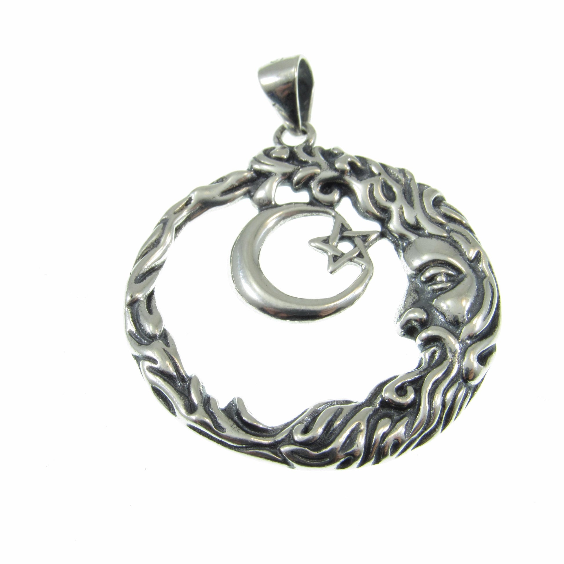 Solid 925 Sterling Silver Wiccan Crescent Moon Face and Star Pendant, Cosmic Celestial Amulet, Pagan Moon Jewelry, Witchy Witch Gift Idea
