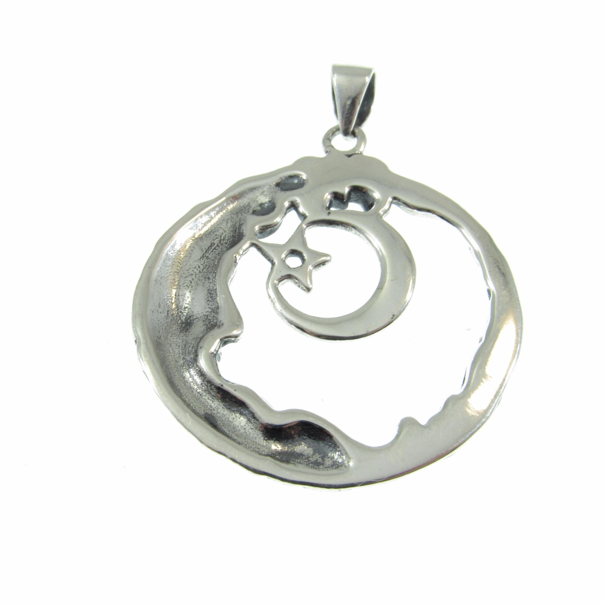 Solid 925 Sterling Silver Wiccan Crescent Moon Face and Star Pendant, Cosmic Celestial Amulet, Pagan Moon Jewelry, Witchy Witch Gift Idea