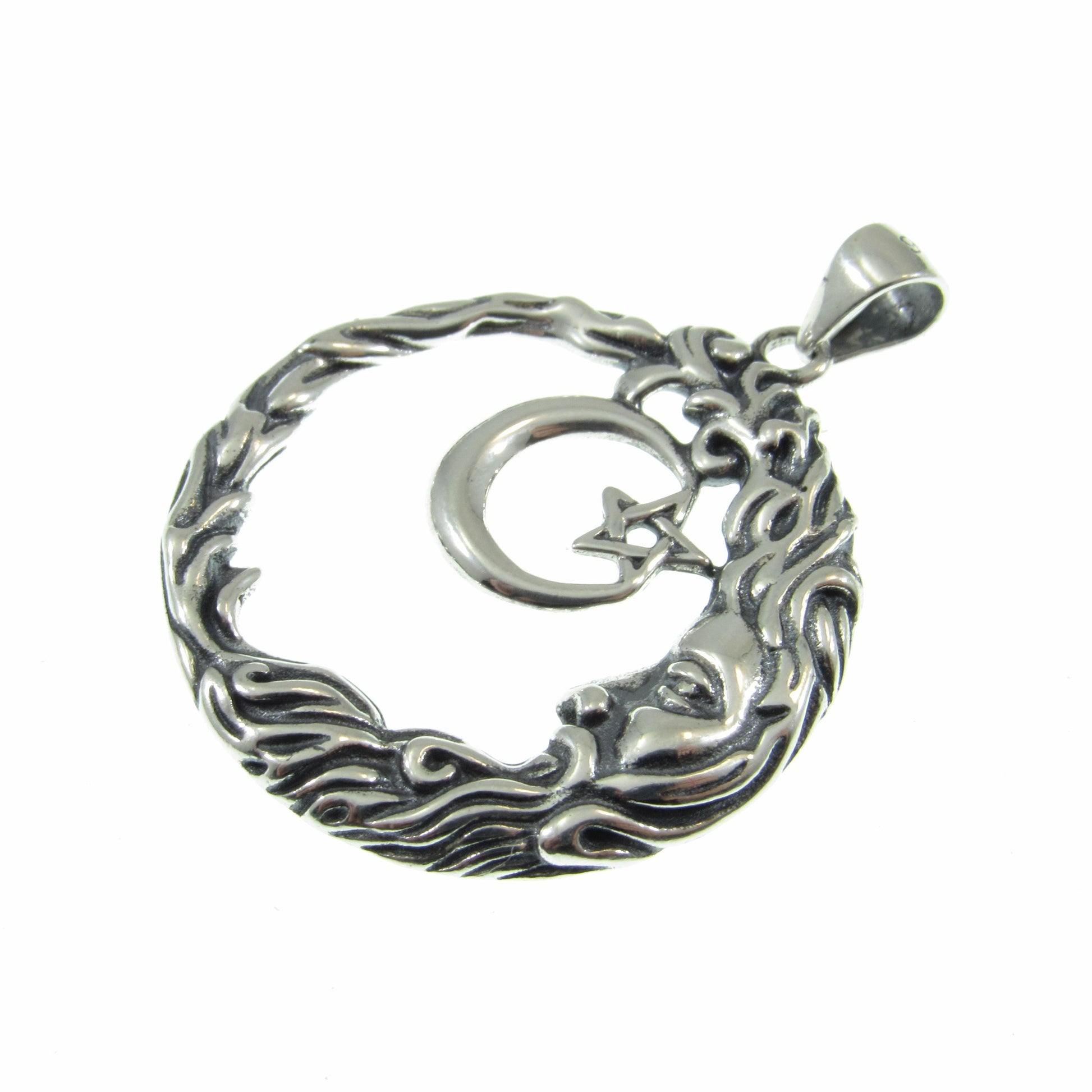 Solid 925 Sterling Silver Wiccan Crescent Moon Face and Star Pendant, Cosmic Celestial Amulet, Pagan Moon Jewelry, Witchy Witch Gift Idea