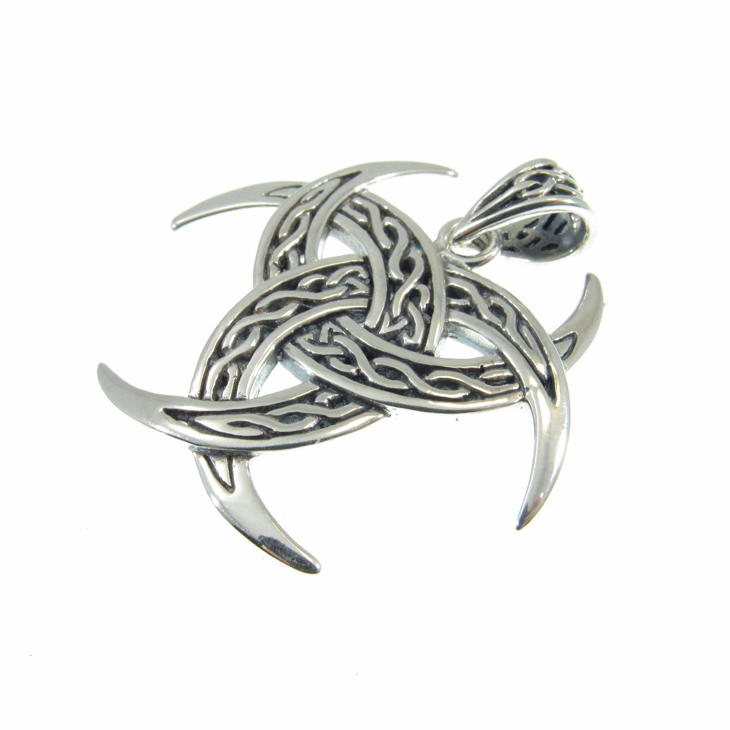 Solid 925 Sterling Silver Celtic Trinity Moons Pendant, Celtic Knots on Triple Crescent Moon Amulet, Viking Shield Jewelry