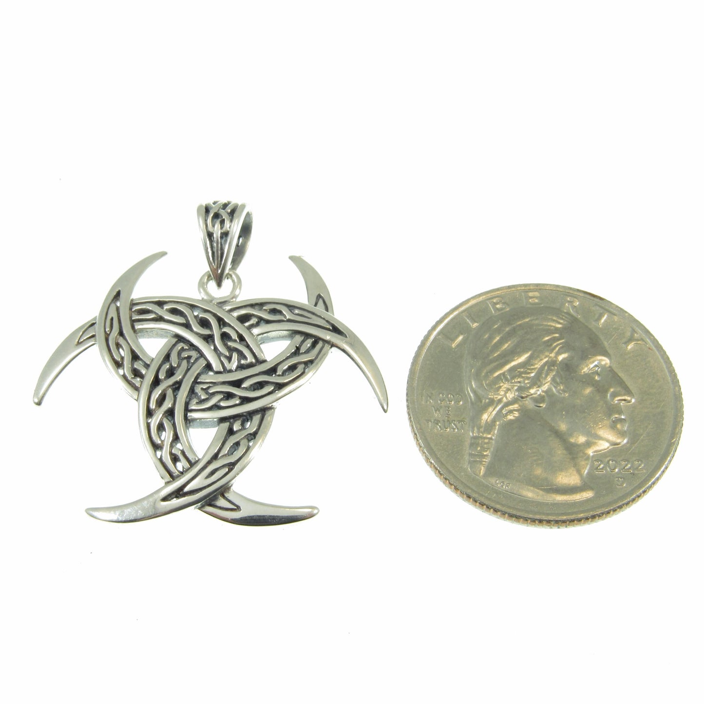 Solid 925 Sterling Silver Celtic Trinity Moons Pendant, Celtic Knots on Triple Crescent Moon Amulet, Viking Shield Jewelry
