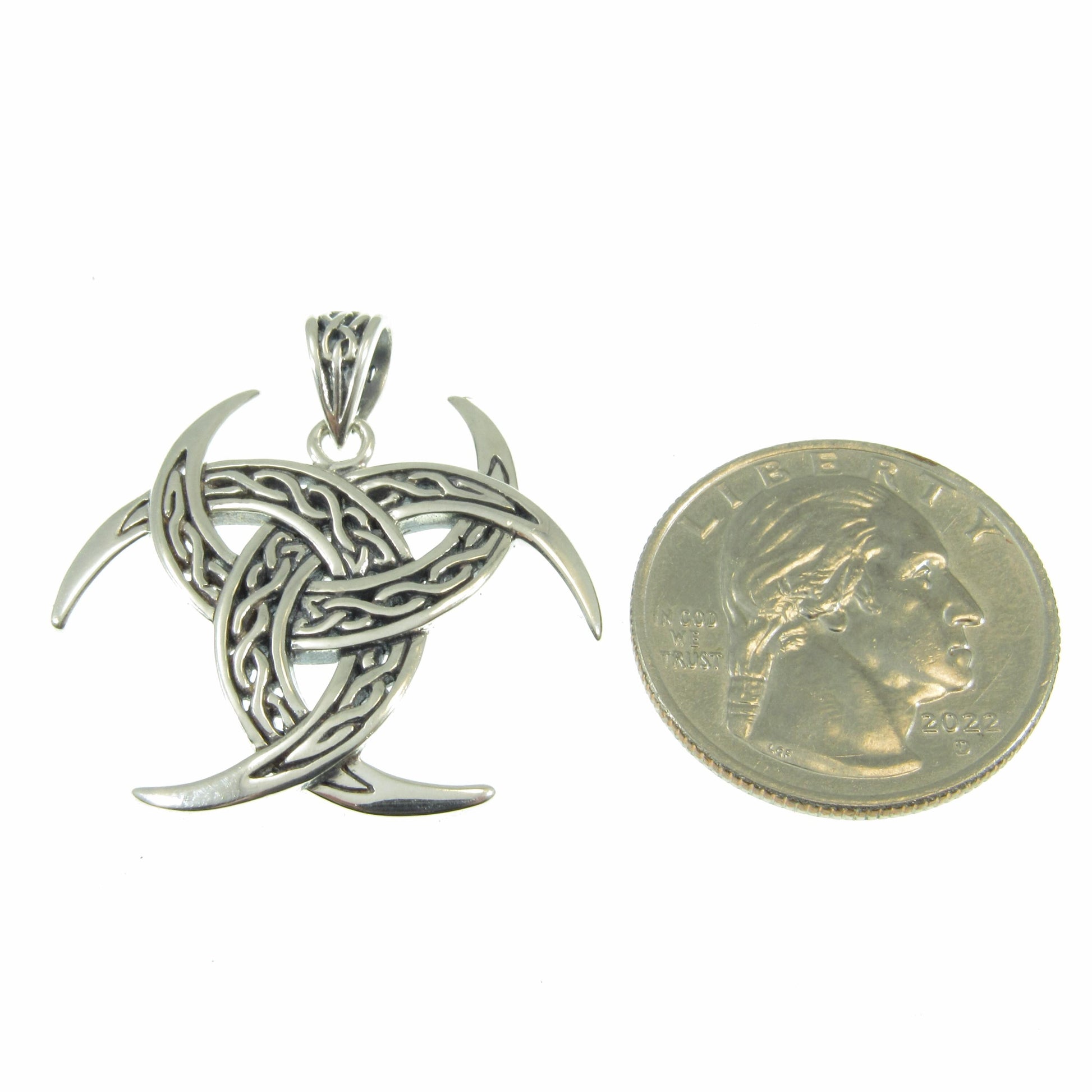 Solid 925 Sterling Silver Celtic Trinity Moons Pendant, Celtic Knots on Triple Crescent Moon Amulet, Viking Shield Jewelry
