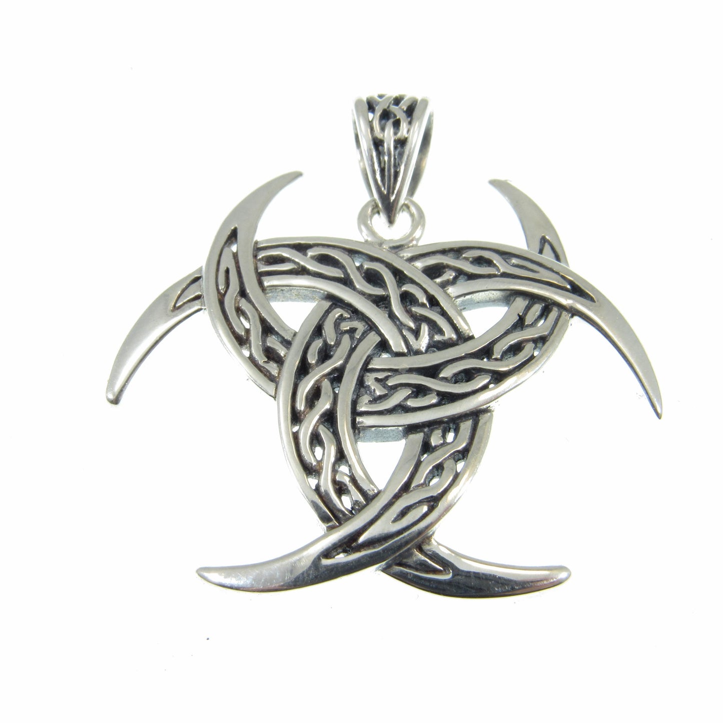 Solid 925 Sterling Silver Celtic Trinity Moons Pendant, Celtic Knots on Triple Crescent Moon Amulet, Viking Shield Jewelry