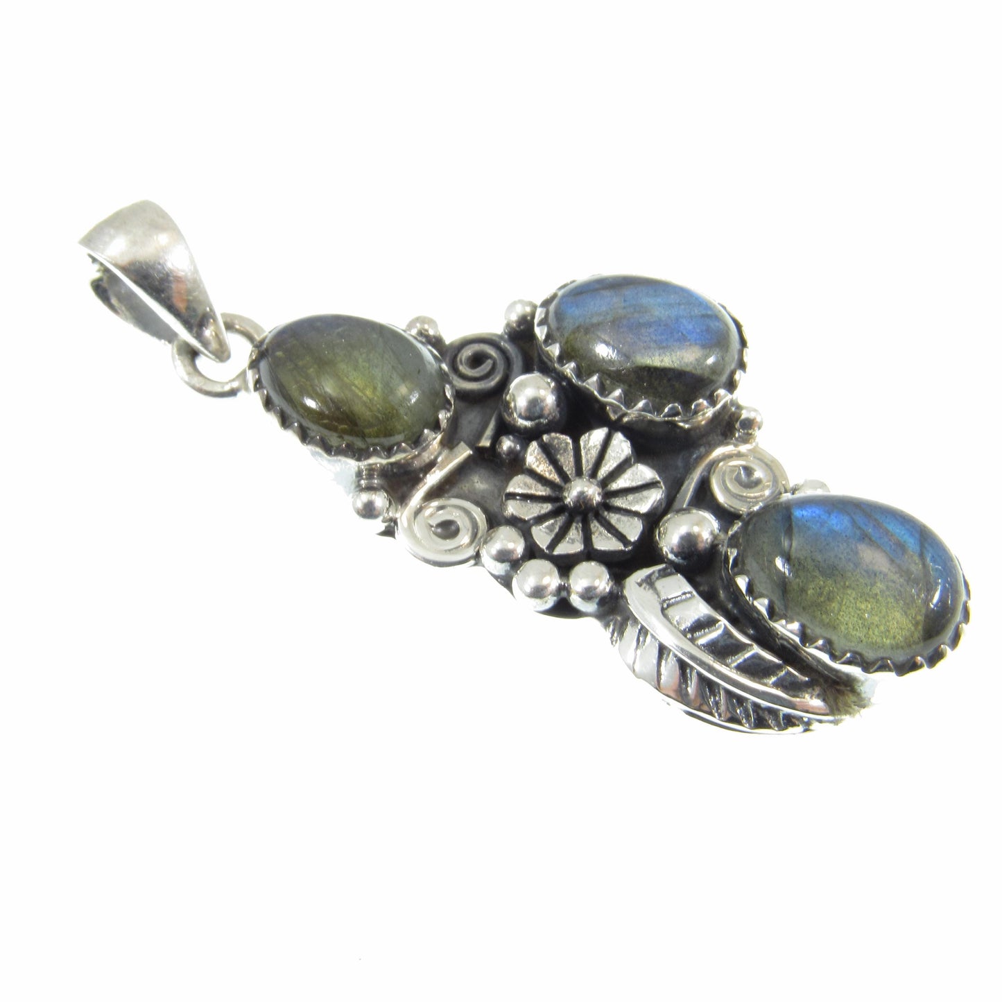 Solid 925 Sterling Silver Flower Pendant With Oval Gemstone Cabochons: Labradorite, Moonstone, Turquoise, Spiny Oyster, Floral Jewelry