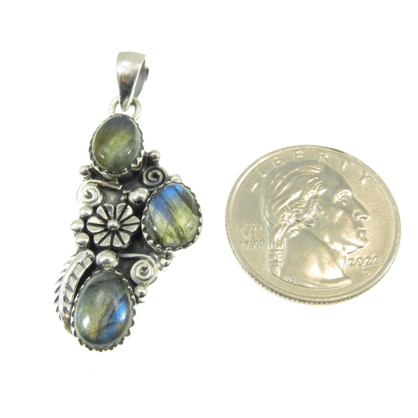 Solid 925 Sterling Silver Flower Pendant With Oval Gemstone Cabochons: Labradorite, Moonstone, Turquoise, Spiny Oyster, Floral Jewelry