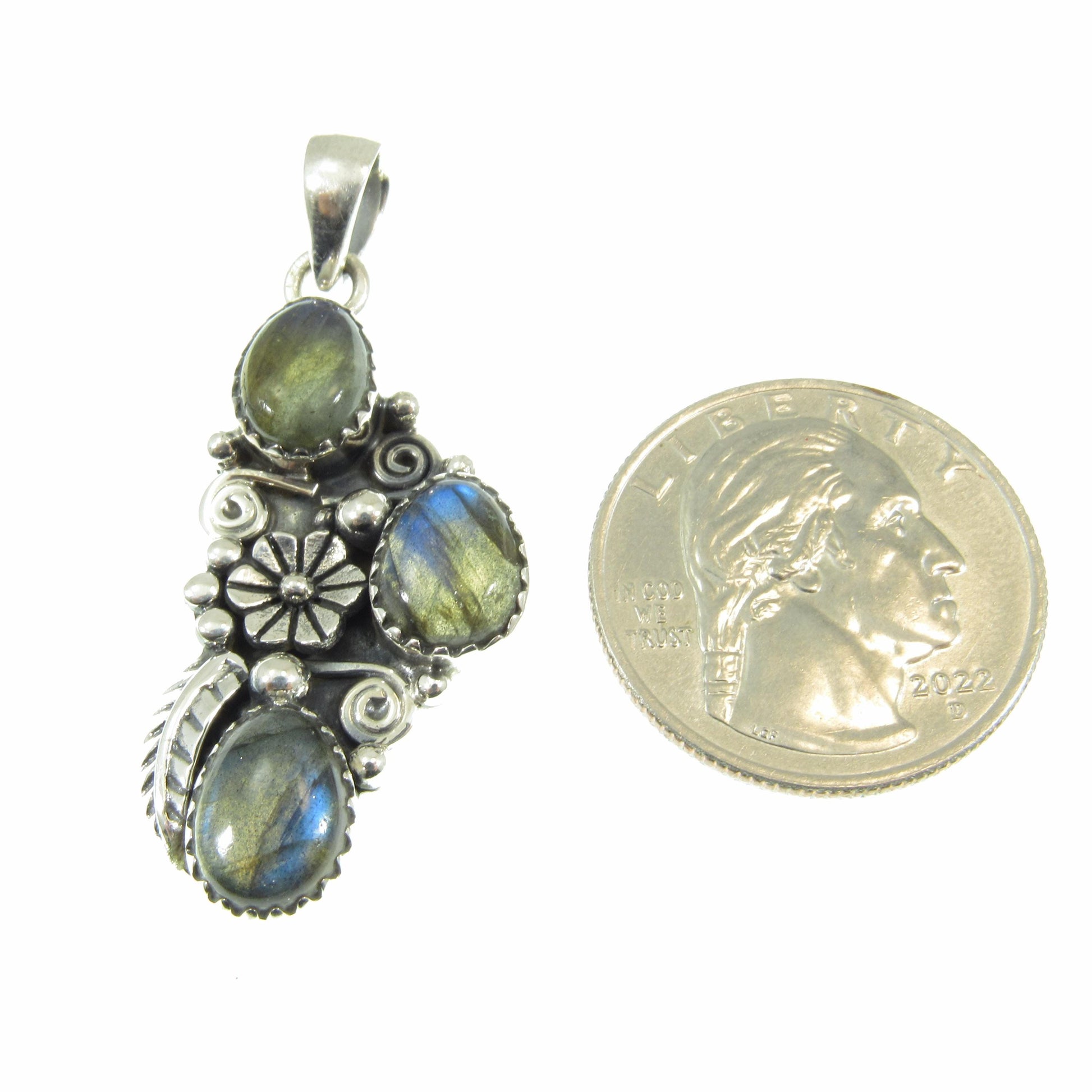 Solid 925 Sterling Silver Flower Pendant With Oval Gemstone Cabochons: Labradorite, Moonstone, Turquoise, Spiny Oyster, Floral Jewelry
