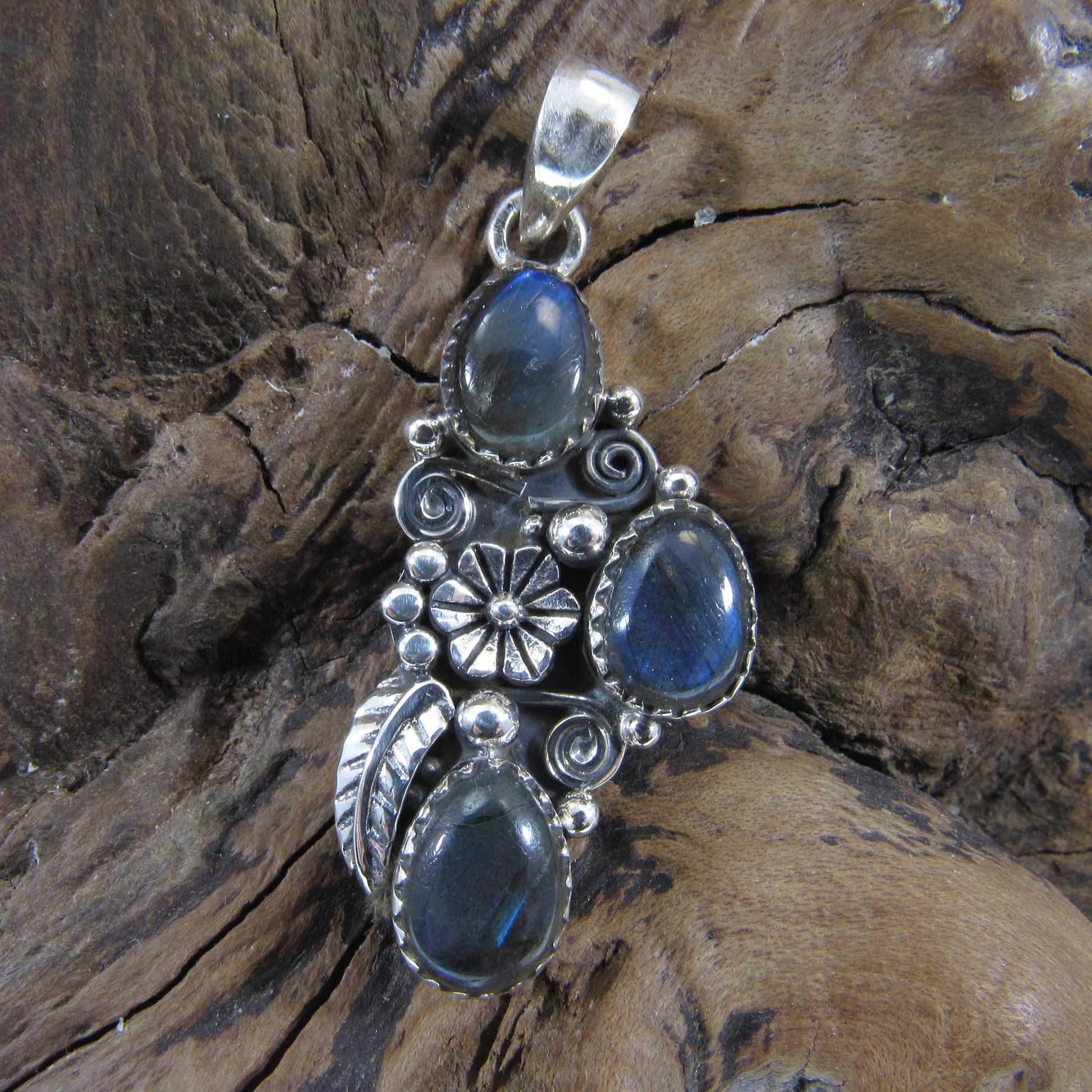 Solid 925 Sterling Silver Flower Pendant With Oval Gemstone Cabochons: Labradorite, Moonstone, Turquoise, Spiny Oyster, Floral Jewelry