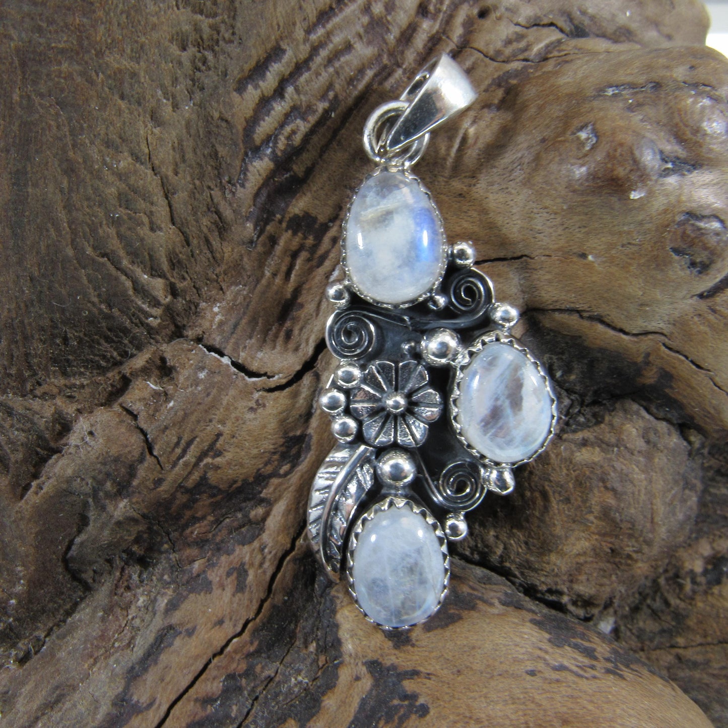 Solid 925 Sterling Silver Flower Pendant With Oval Gemstone Cabochons: Labradorite, Moonstone, Turquoise, Spiny Oyster, Floral Jewelry