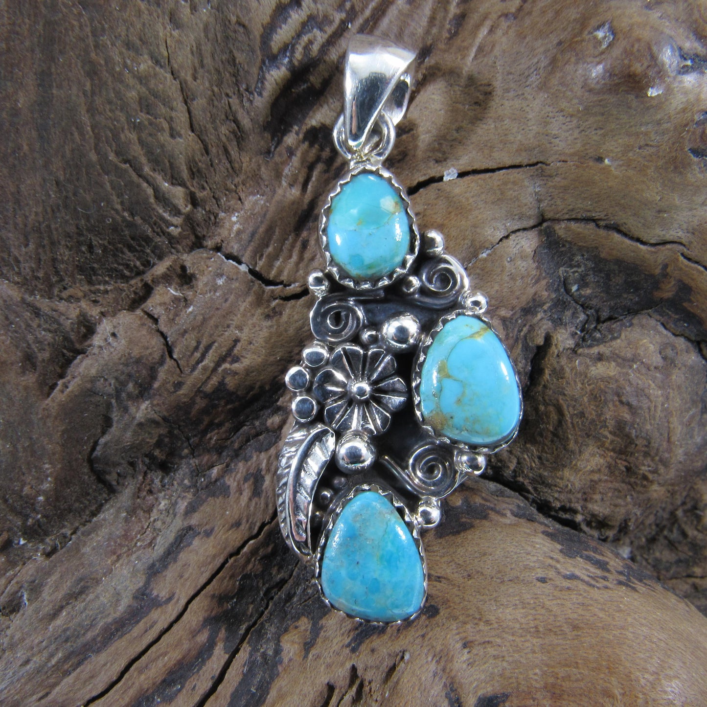 Solid 925 Sterling Silver Flower Pendant With Oval Gemstone Cabochons: Labradorite, Moonstone, Turquoise, Spiny Oyster, Floral Jewelry