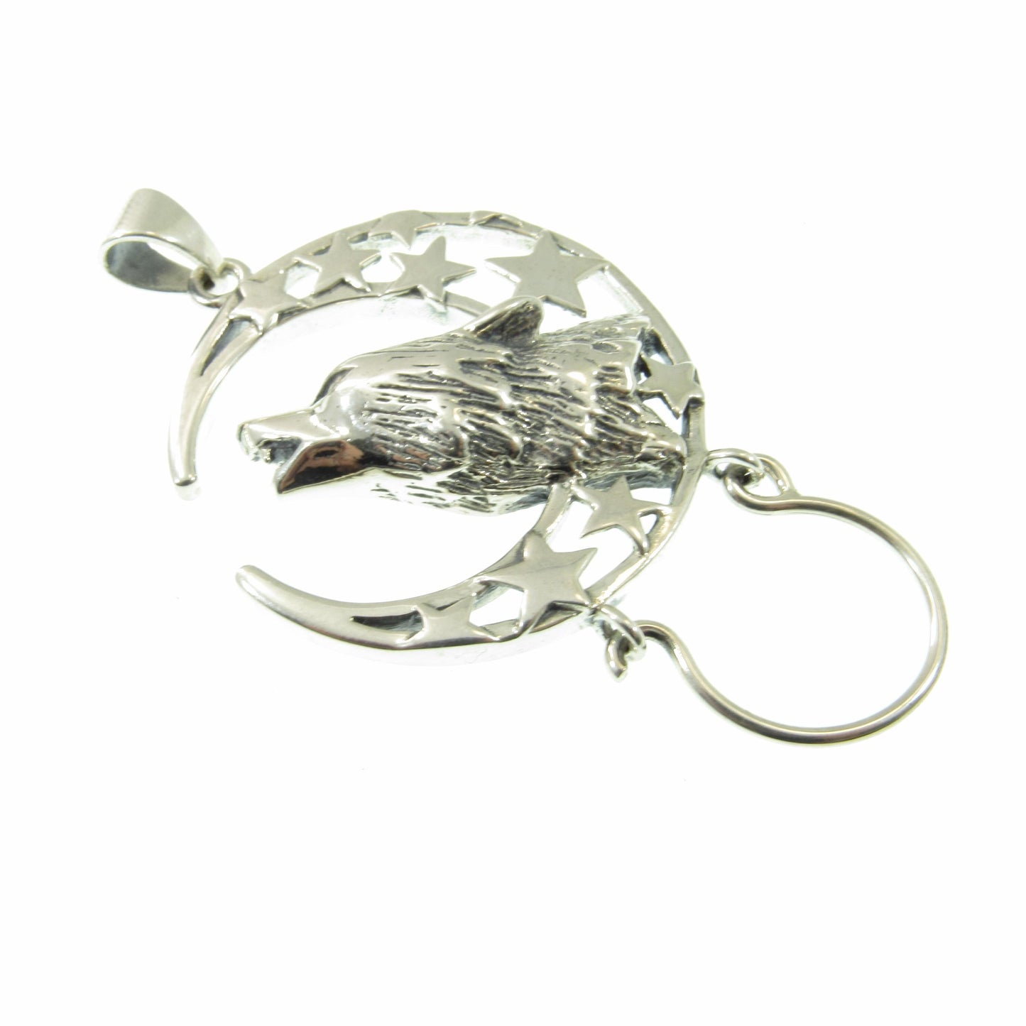 Solid 925 Sterling Silver Charm Holder Baying Wolf Pendant, Magical Pagan Symbol of Protection, Handcrafted Spirit Guide Animal Totem Hanger