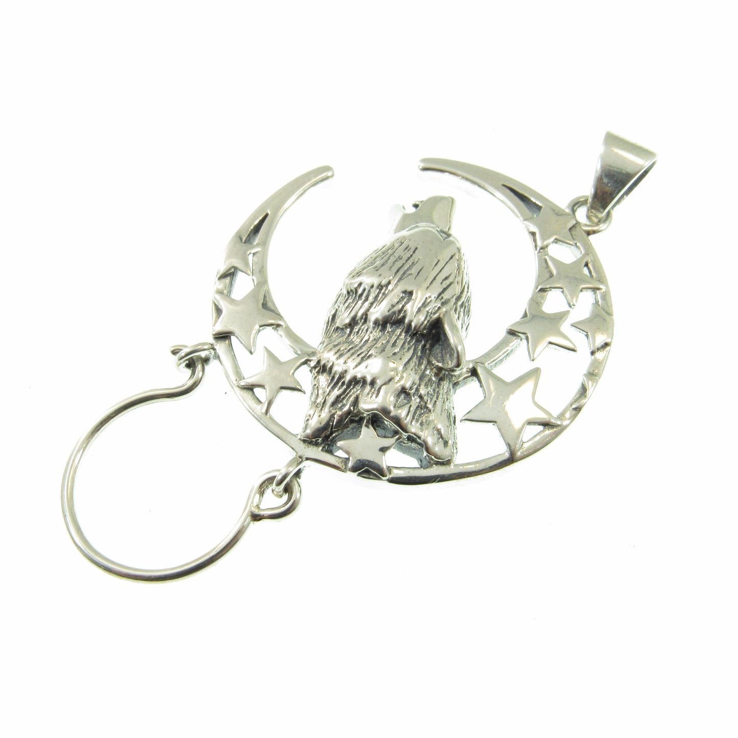 Solid 925 Sterling Silver Charm Holder Baying Wolf Pendant, Magical Pagan Symbol of Protection, Handcrafted Spirit Guide Animal Totem Hanger