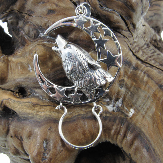 Solid 925 Sterling Silver Charm Holder Baying Wolf Pendant, Magical Pagan Symbol of Protection, Handcrafted Spirit Guide Animal Totem Hanger