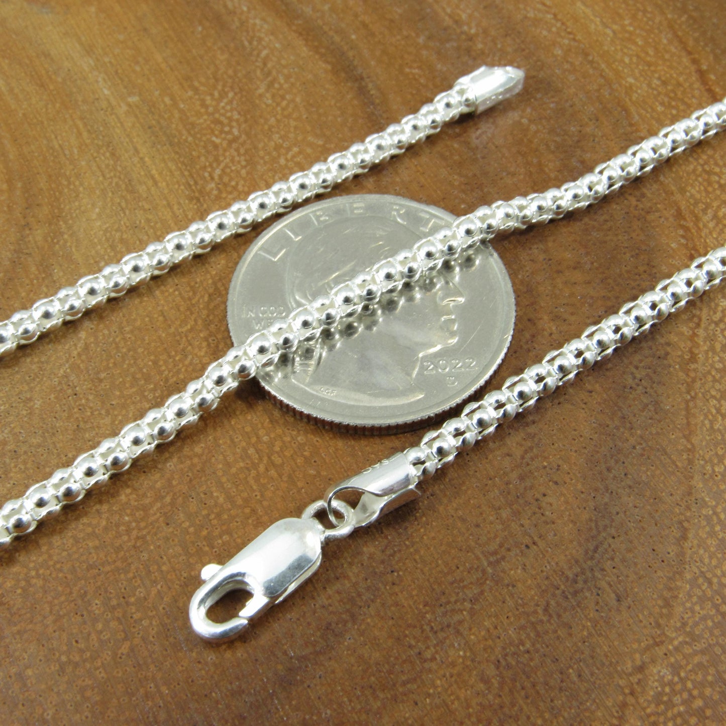 3MM Solid 925 Sterling Silver Popcorn Chain, Italian Women's Necklace, Made in Italy, Minimalist Feminine Style, Elegant Coreana Chain