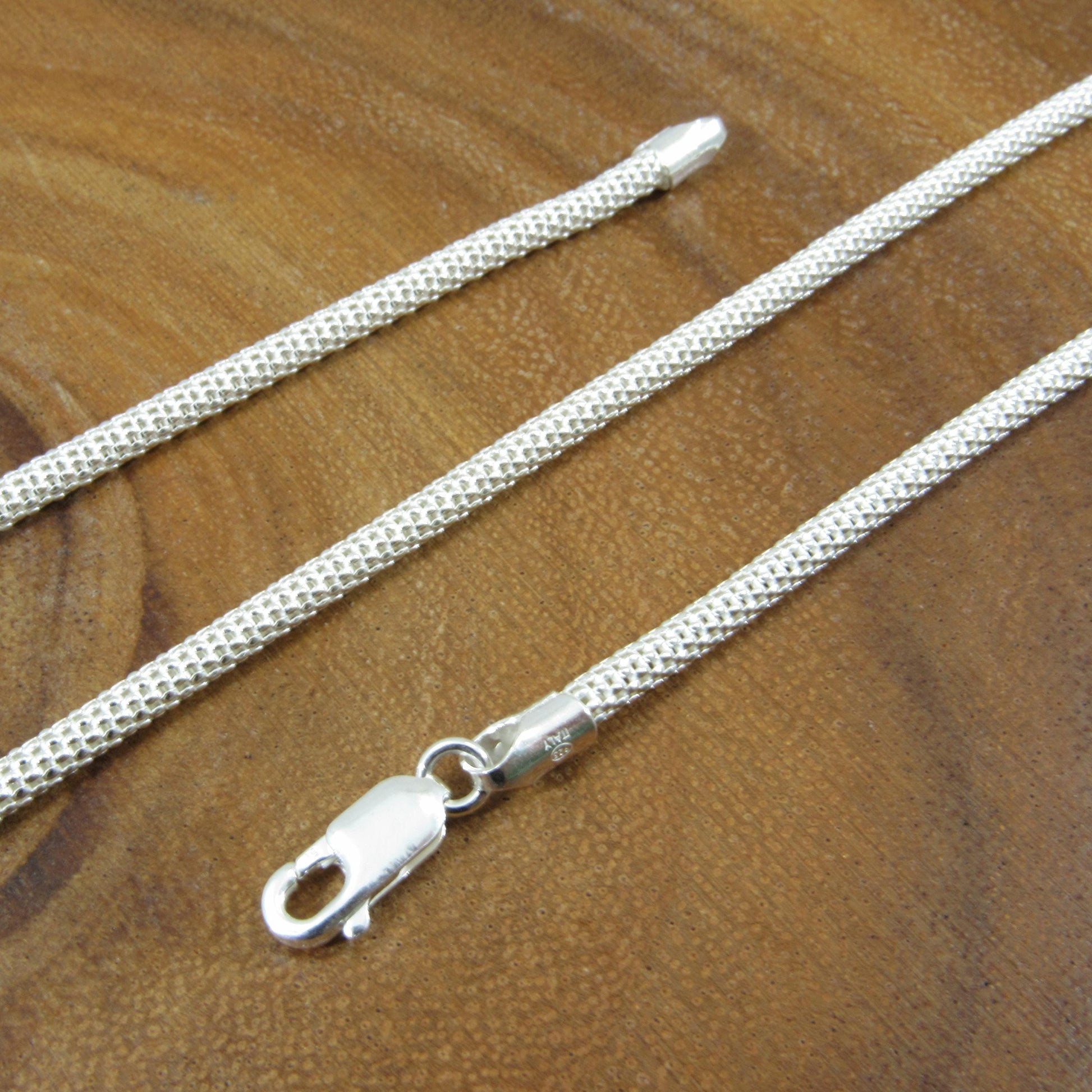 3MM Solid 925 Sterling Silver Popcorn Mesh Chain, Italian Women's Necklace, Made in Italy, Minimalist Feminine Style, Elegant Coreana Chain