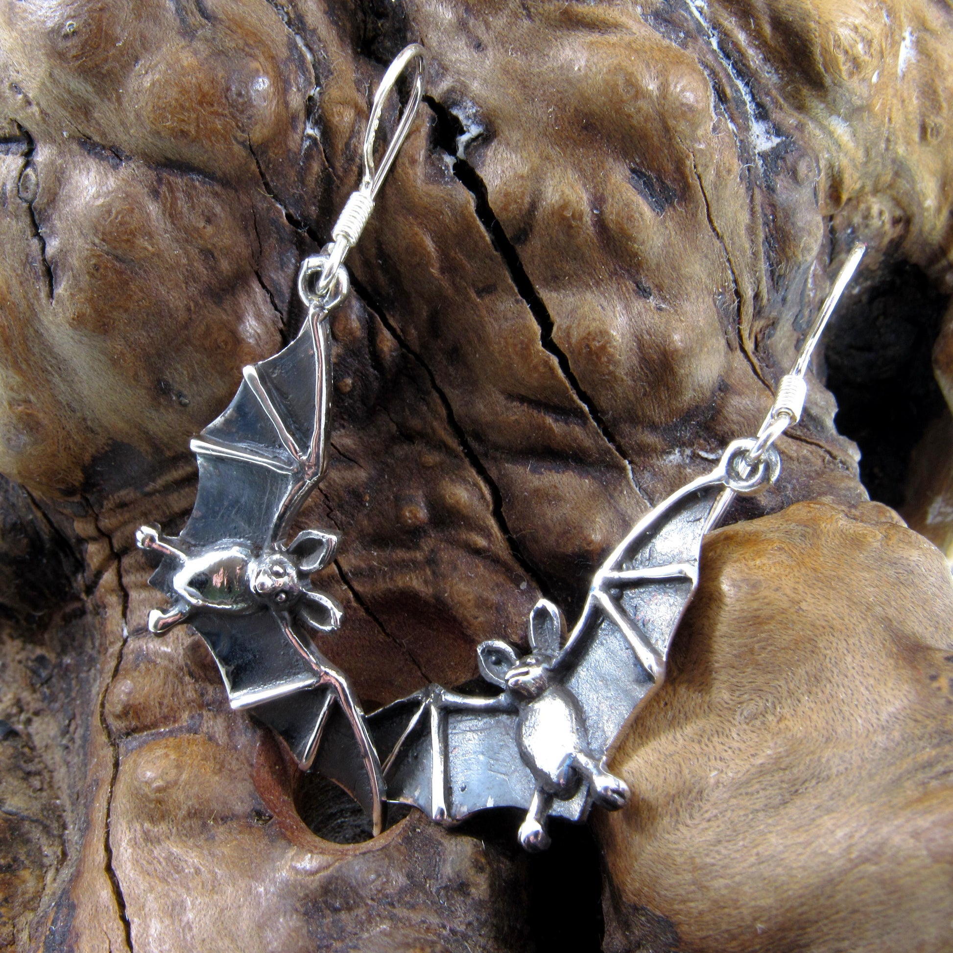 Solid 925 Sterling Silver Vampire Bat Earrings, Handcrafted Drop Dangle Hook Earrings, Spooky Halloween Jewelry, Winged Witchcore Bats