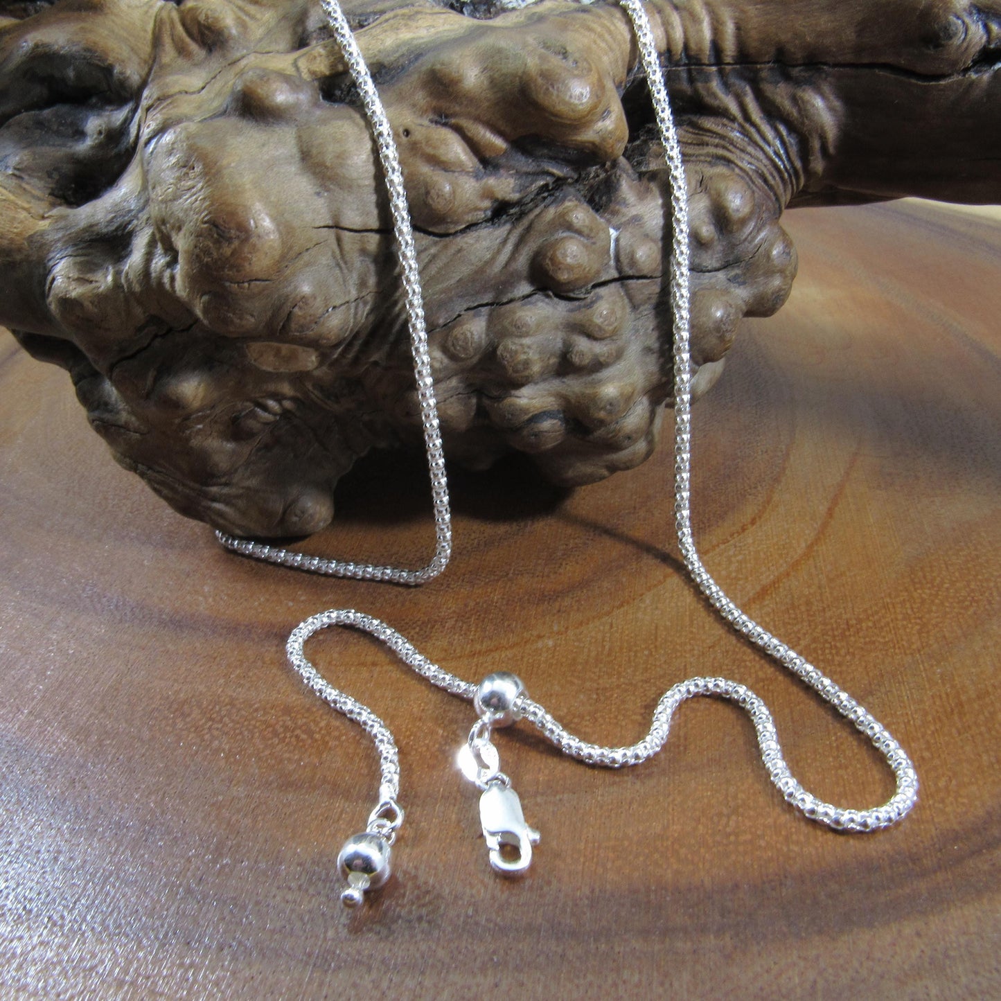 2MM Solid 925 Sterling Silver Adjustable Popcorn Chain, Slider Necklace for Pendants or Layering, Made in Italy, Minimalist 22" or 30" Chain