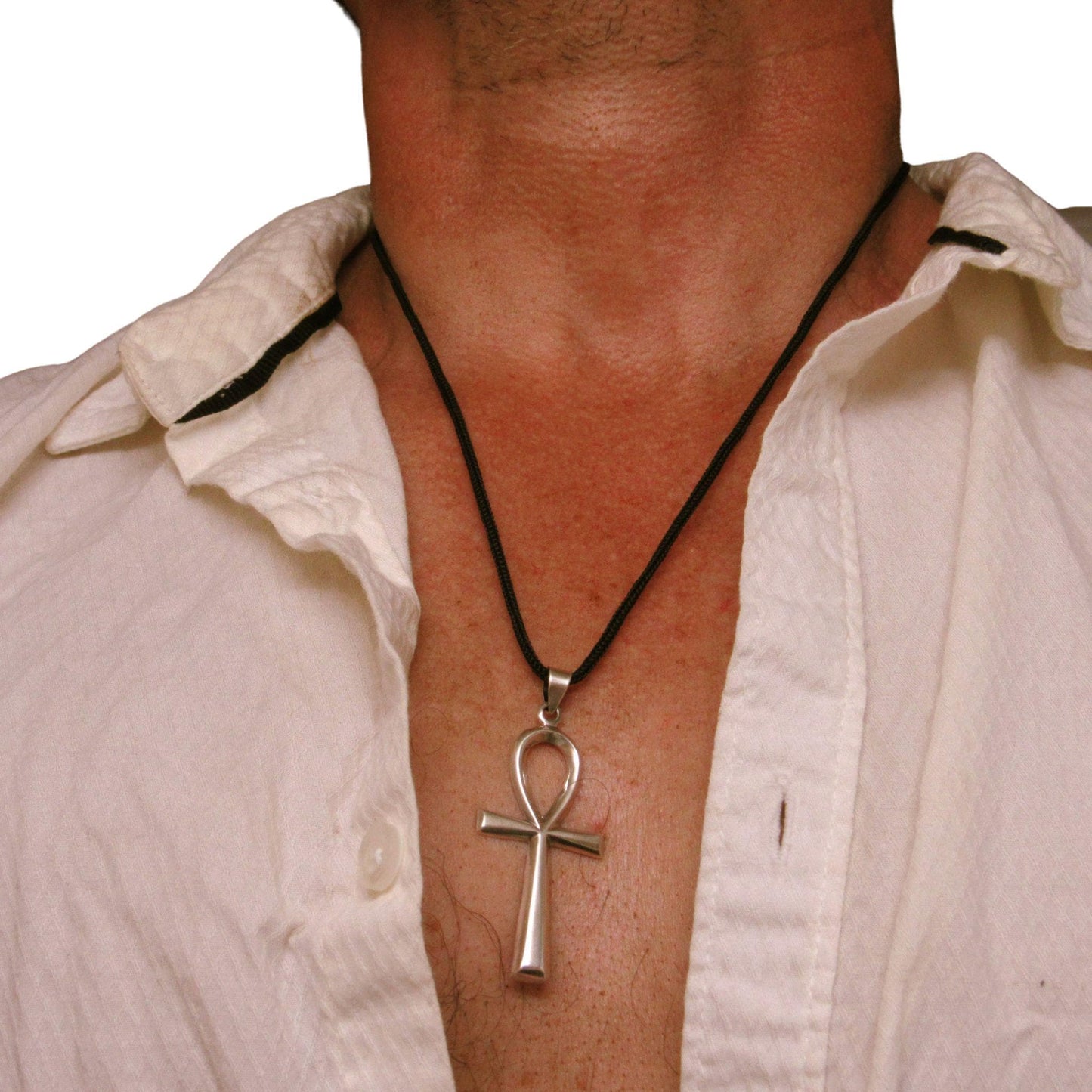 Egyptian Ankh Necklace for Men - Solid 925 Sterling Silver Cross Pendant - Mens Religious Jewelry - Men's Black Nylon Cord or Curb Chain